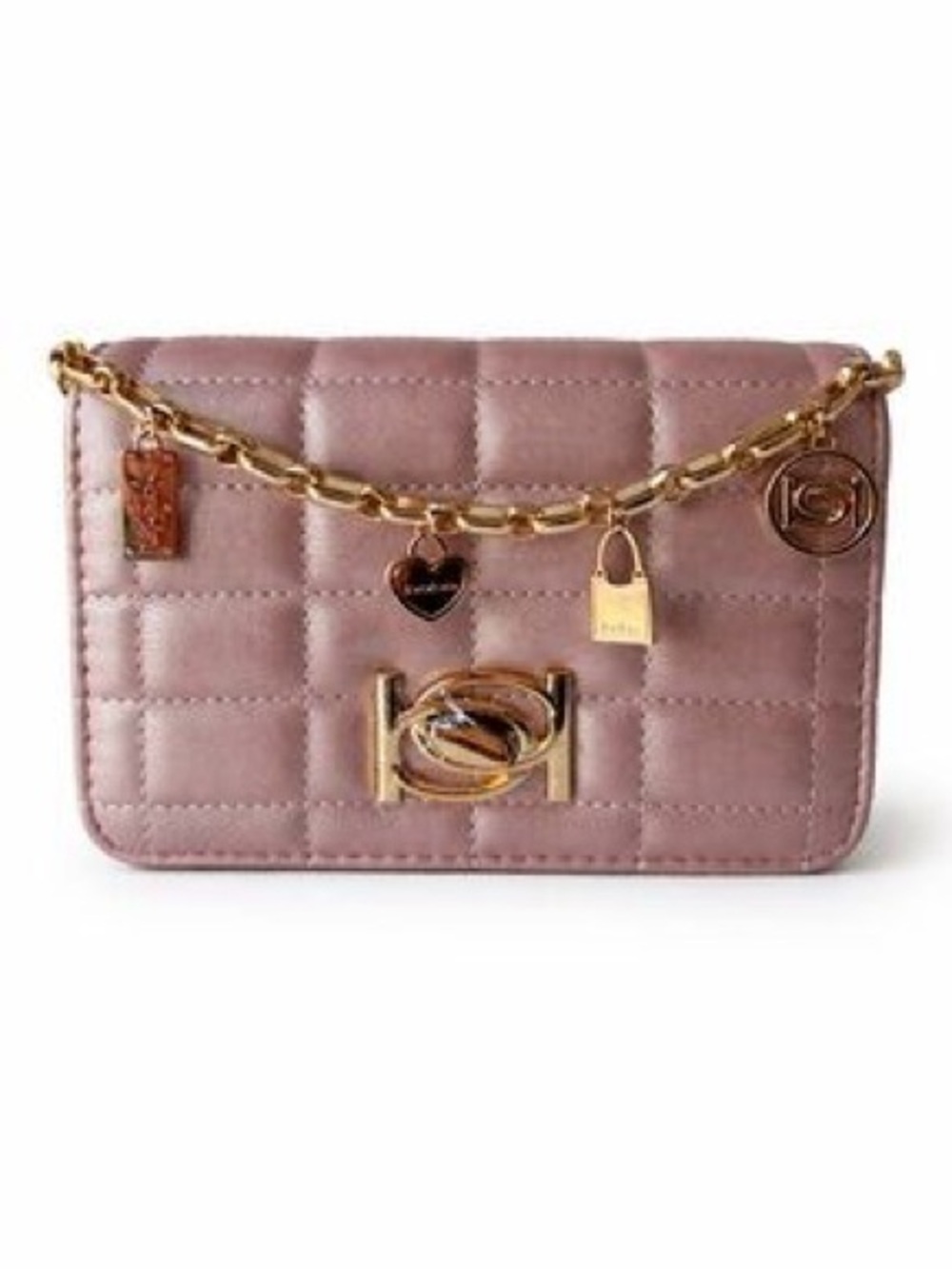 bebe Quilted Mauve Mini Chain Shoulder Bag with Gold Accents
